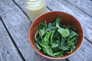 Here we have our Apple Cider Vinegar Dressing over a bowl of mixed bitter greens - arugula, spinach, black kale, baby kale and dandelion greens - all from the local Dieppe Market!