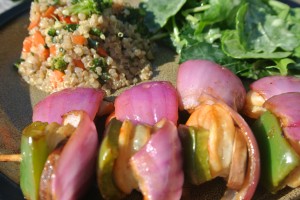 Prawn kabobs, balsamic quinoa salad and bitter greens with apple cider vinegar dressing