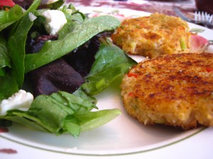 Quinoa crab cakes, green salad with goat feta and red wine vinaigrette