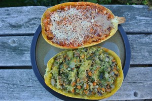 Spaghetti squash with roasted veggies and pesto, and roasted veggies with tomato pasta sauce